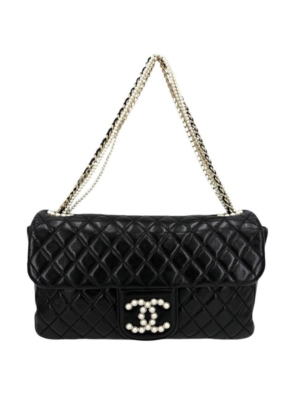 Chanel Shoulder Bag Quilted Westminster Chain Leather Faux Pearl Black Gold